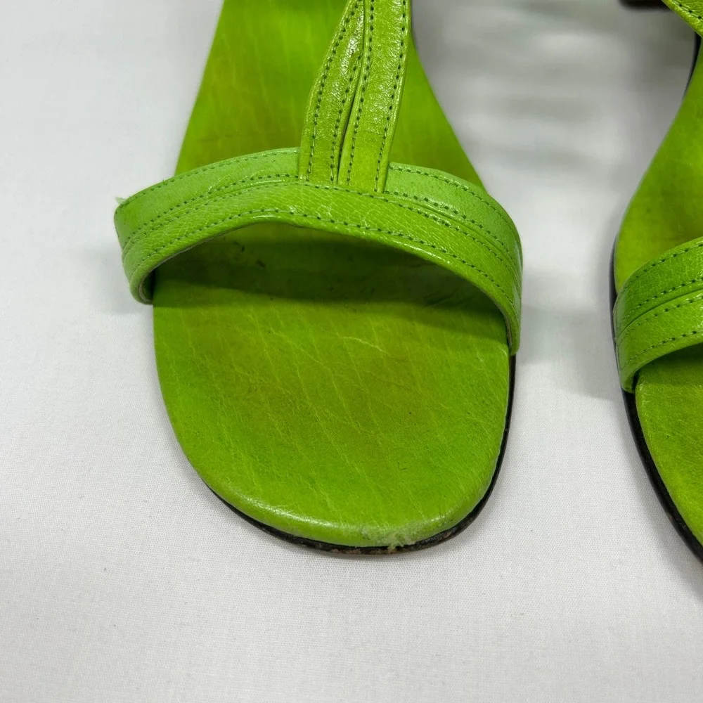Vintage Divina Made in Italy Lime Green Sandals – Y2K Leather T-Strap Heels 9.5N